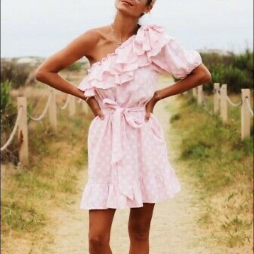 NWT Lisa Marie Fernandez Target One Shoulder Pink Polka Dot Linen Dress Sz S